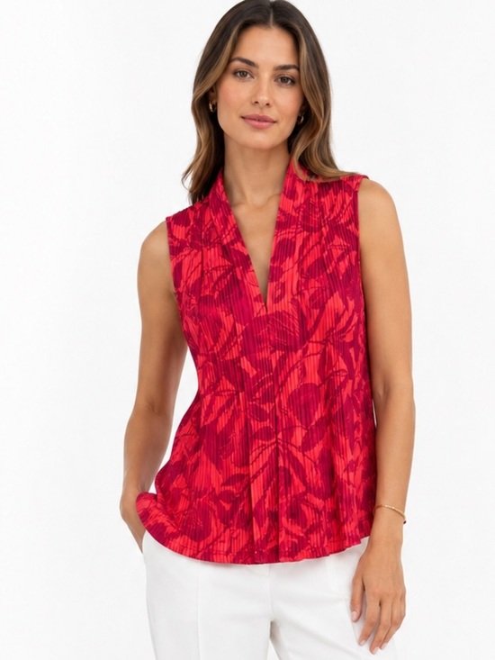 Cable & Gauge Tops - Cable & Gauge Pleated Floral Sleeveless Blouse Top Pink Red Small